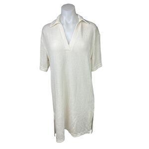 H&M NWT Cream White Short Sleeve Knit Collar Polo V-Neck Shirt Knee Dress Size S
